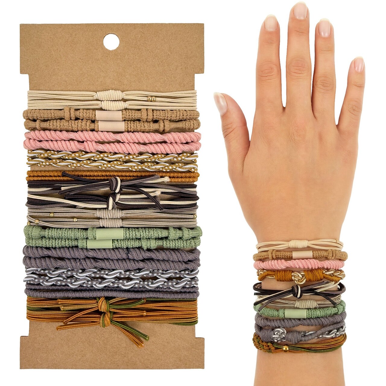 Wrapables Boho Hair Tie Bracelets for Women, No Damage Elastic Hair Bands, Hair Accessories for Thick and Thin Ponytails (20pcs), Orange Pink